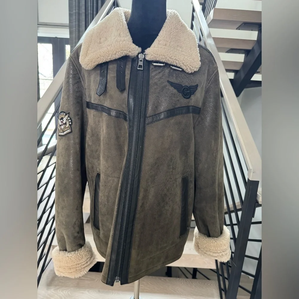 Brand new Men's real fur Aviator Jacket with Shearling Trim